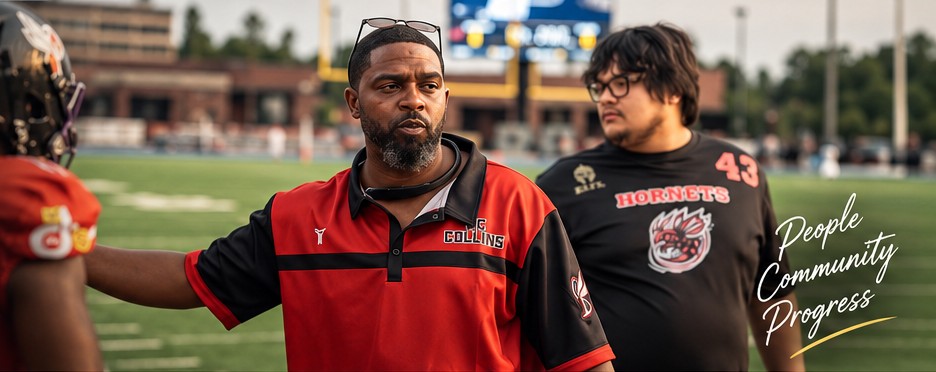 Fred Collins coaching football players on the field